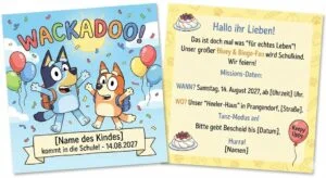 Einladungskarte zur Einschulung mit tanzenden Cartoon-Hunden Bluey und Bingo