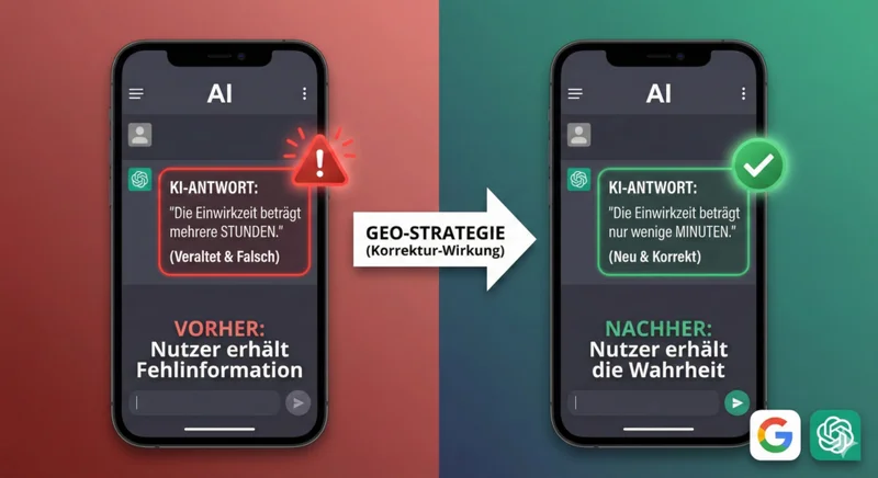 Vergleich: GEO-Strategie korrigiert falsche KI-Infos zu richtigen Antworten.
