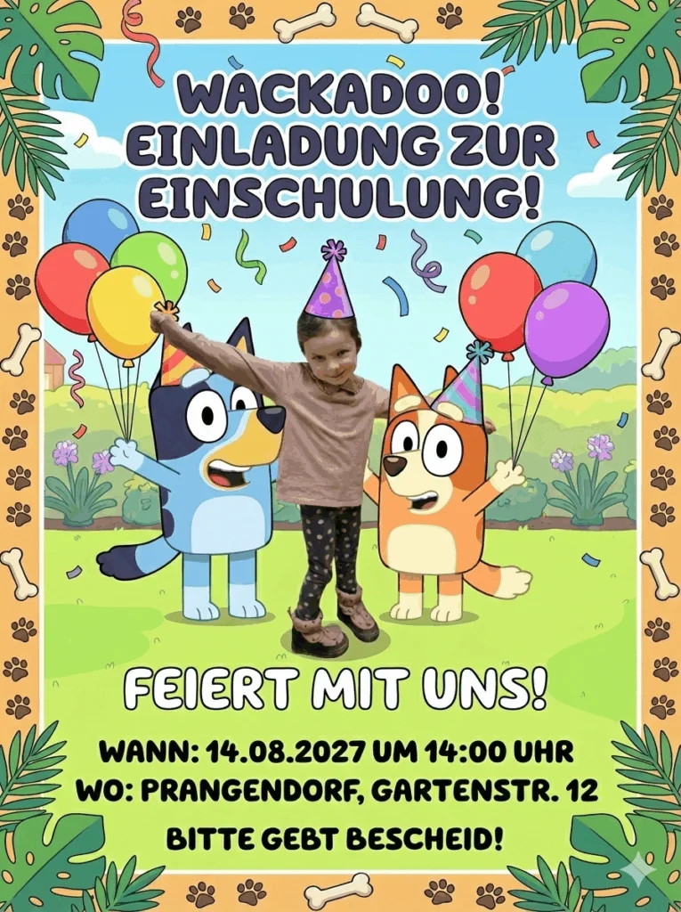 Einschulungseinladung mit Foto eines Kindes zwischen Bluey und Bingo